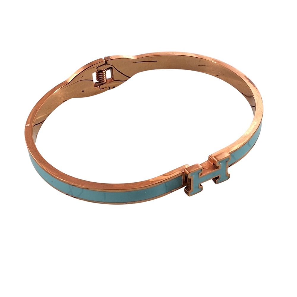 Vintage Turquoise Enamel Hinged Bangle Bracelet Brass Tone Oval‎ Stackable